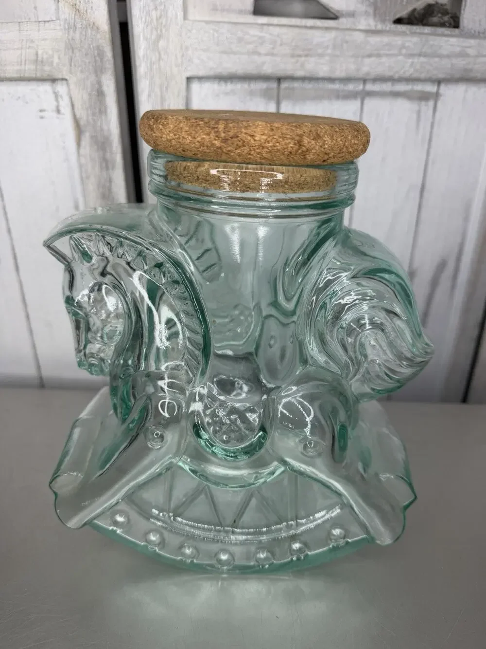 VTG Glass Rocking Horse Jar Canister Cork Lid Made in Italy Blue Green Glass